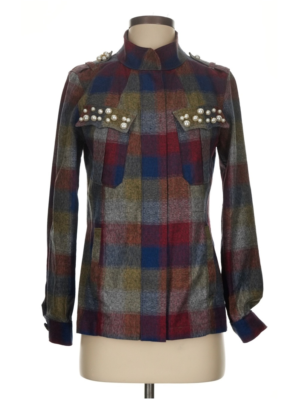 CAbi Multicolor Plaid Pearl-Embellished Utility Jacket Shacket Fall Preppy